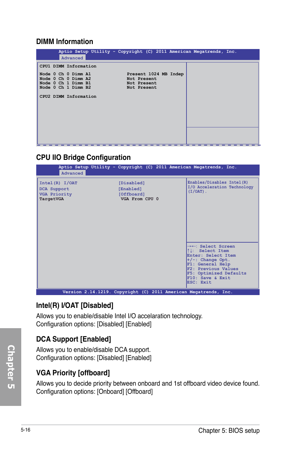 Chapter 5, Intel(r) i/oat [disabled, Dca support [enabled | Vga priority [offboard, Cpu iio bridge configuration, Dimm information, Chapter 5: bios setup | Asus TS700-X7/PS4 User Manual | Page 92 / 200