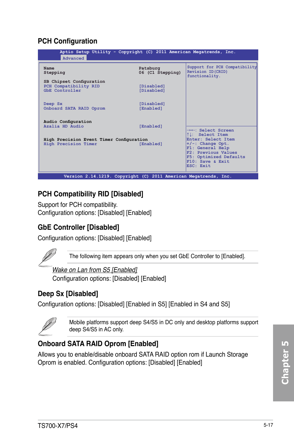 Chapter 5, Pch configuration, Pch compatibility rid [disabled | Gbe controller [disabled, Deep sx [disabled, Onboard sata raid oprom [enabled, Configuration options: [disabled] [enabled | Asus TS700-X7/PS4 User Manual | Page 93 / 200