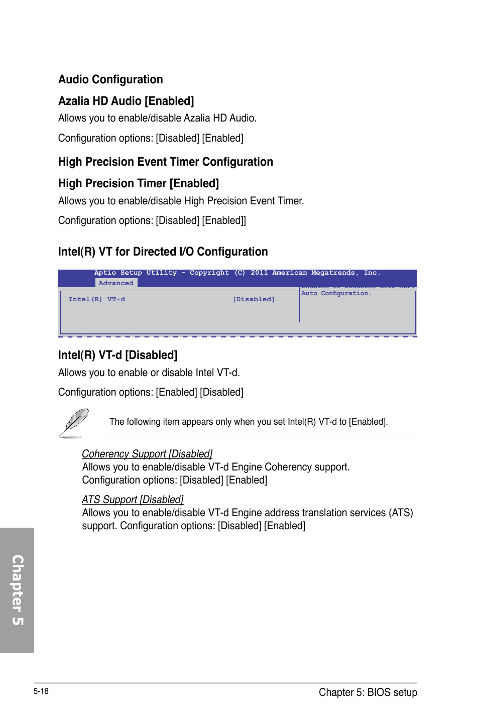 Chapter 5, Intel(r) vt-d [disabled, Intel(r) vt for directed i/o configuration | Audio configuration azalia hd audio [enabled | Asus TS700-X7/PS4 User Manual | Page 94 / 200