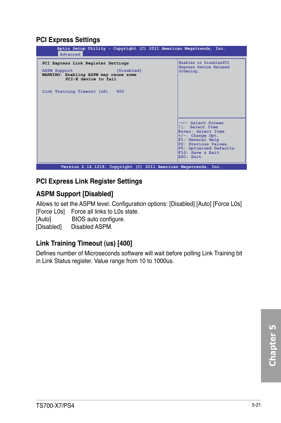 Chapter 5, Pci express settings, Link training timeout (us) [400 | Asus TS700-X7/PS4 User Manual | Page 97 / 200