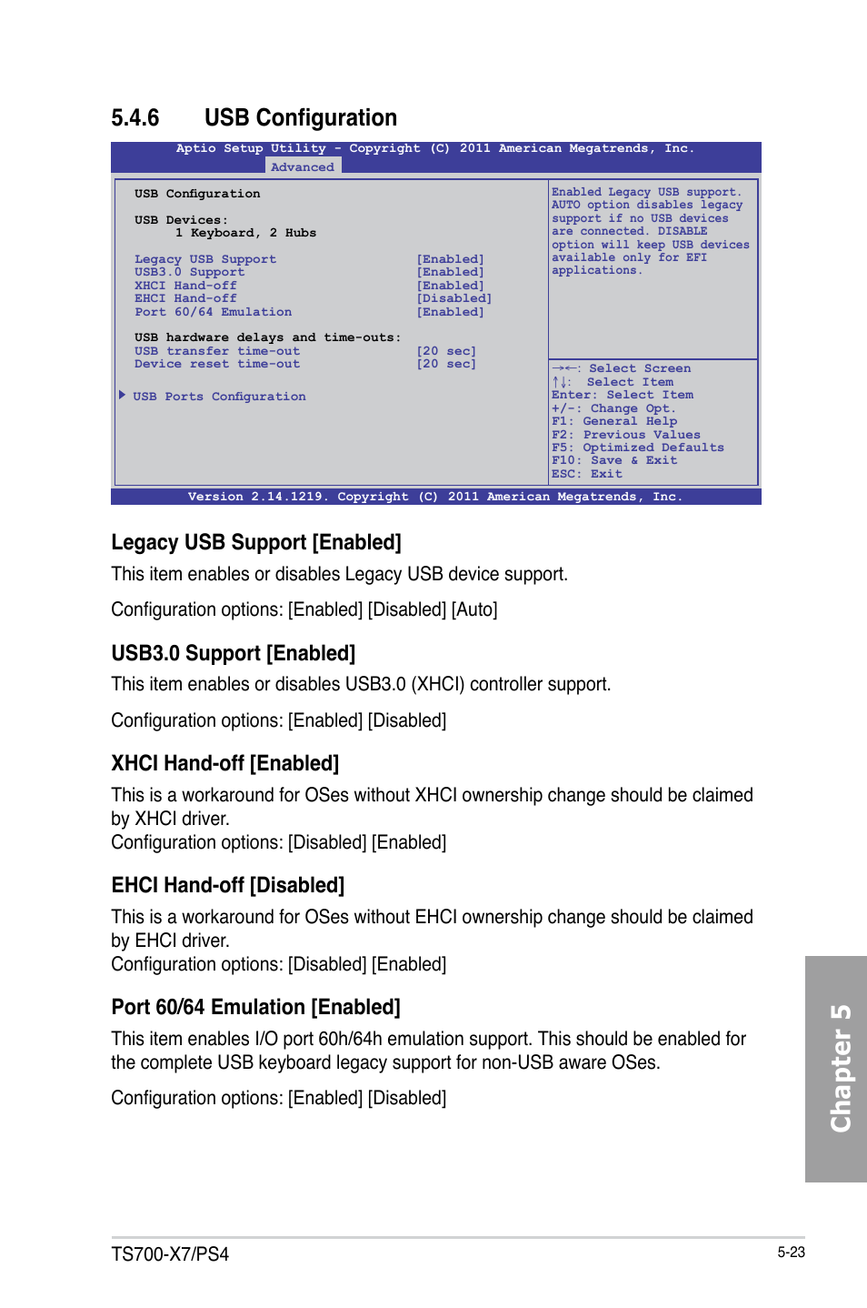 Chapter 5, 6 usb configuration, Legacy usb support [enabled | Usb3.0 support [enabled, Xhci hand-off [enabled, Ehci hand-off [disabled, Port 60/64 emulation [enabled | Asus TS700-X7/PS4 User Manual | Page 99 / 200