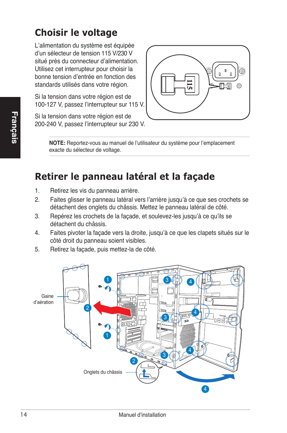 Retirer le panneau latéral et la façade, Choisir le voltage, Français | Asus V4-P5P43 User Manual | Page 14 / 100