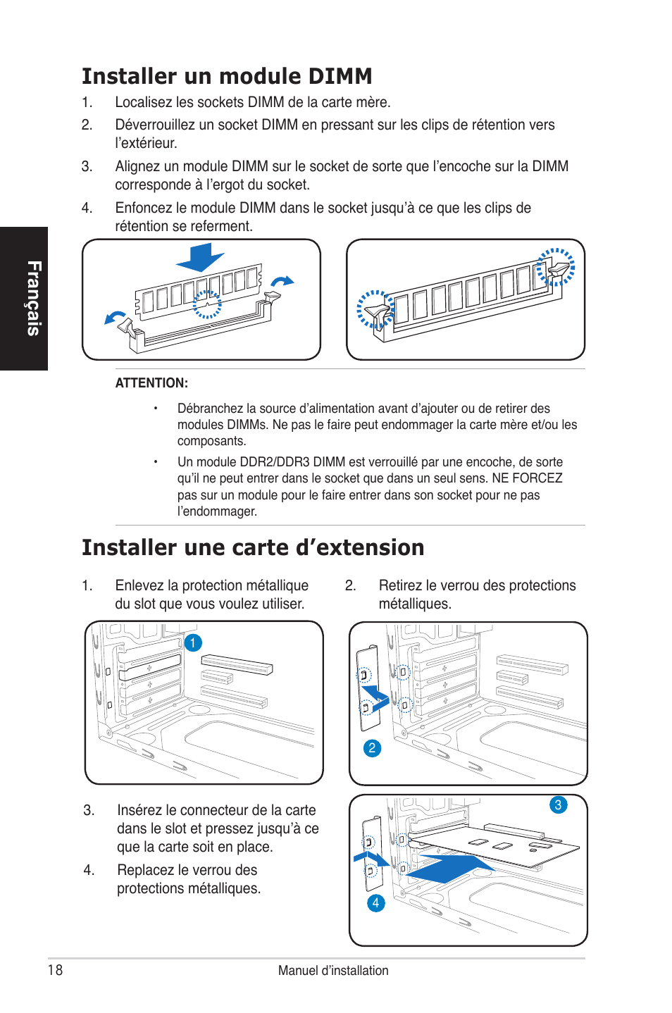 Installer une carte d’extension, Installer un module dimm, Français | Asus V4-P5P43 User Manual | Page 18 / 100