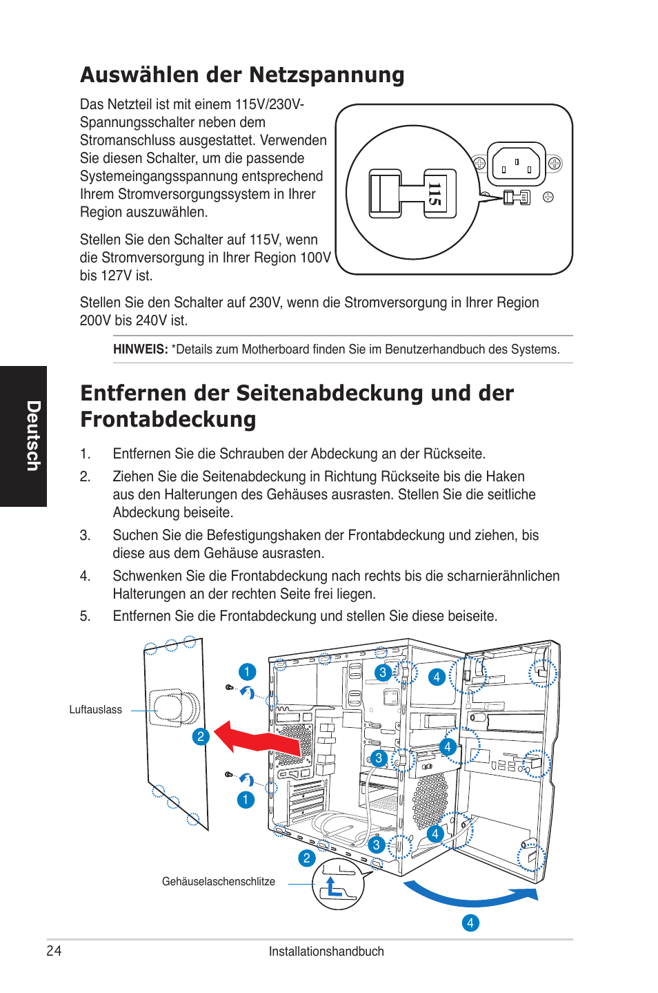 Auswählen der netzspannung, Deutsch | Asus V4-P5P43 User Manual | Page 24 / 100