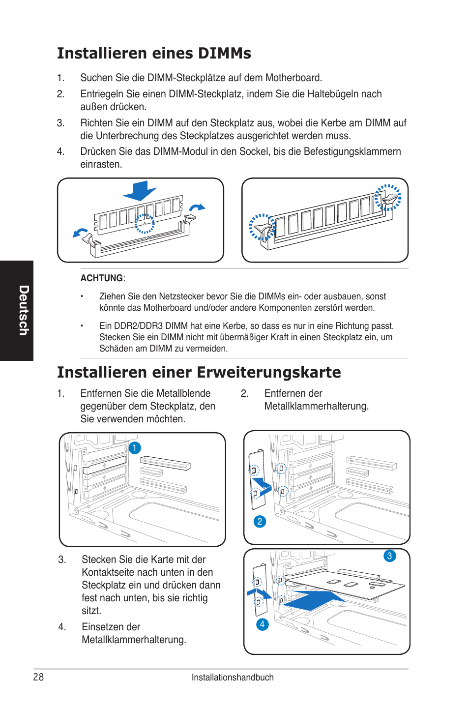 Installieren einer erweiterungskarte, Installieren eines dimms, Deutsch | Asus V4-P5P43 User Manual | Page 28 / 100