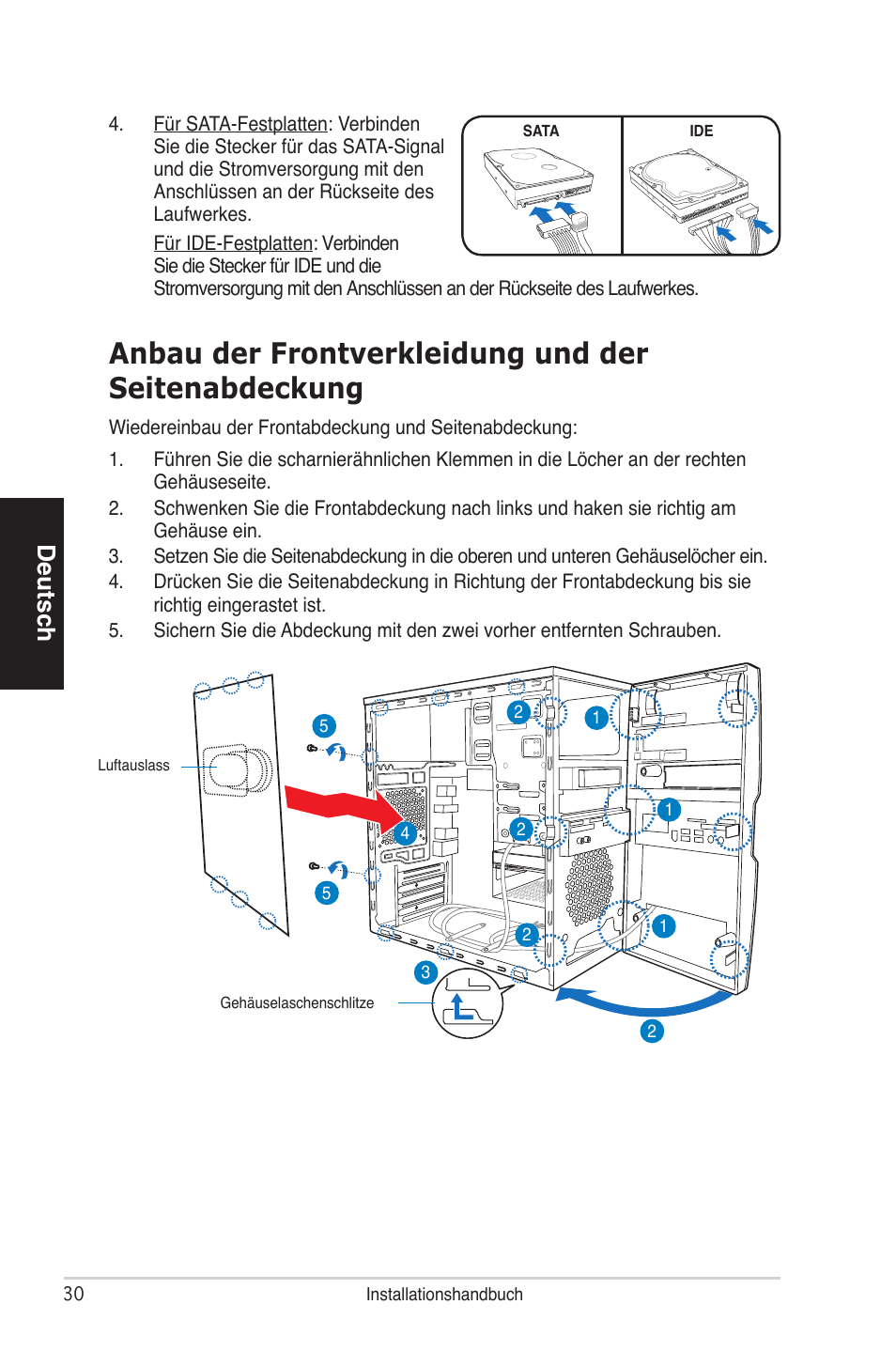 Anbau der frontverkleidung und der seitenabdeckung, Deutsch | Asus V4-P5P43 User Manual | Page 30 / 100