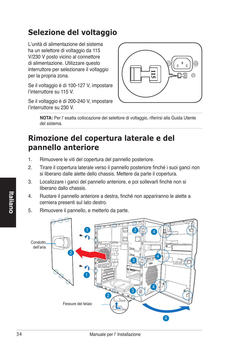 Selezione del voltaggio, Italiano | Asus V4-P5P43 User Manual | Page 34 / 100