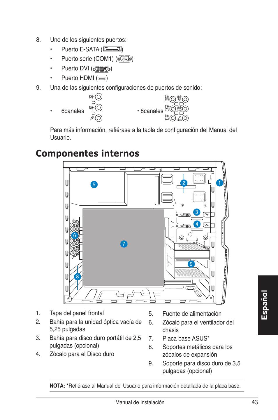 Componentes internos, Español | Asus V4-P5P43 User Manual | Page 43 / 100