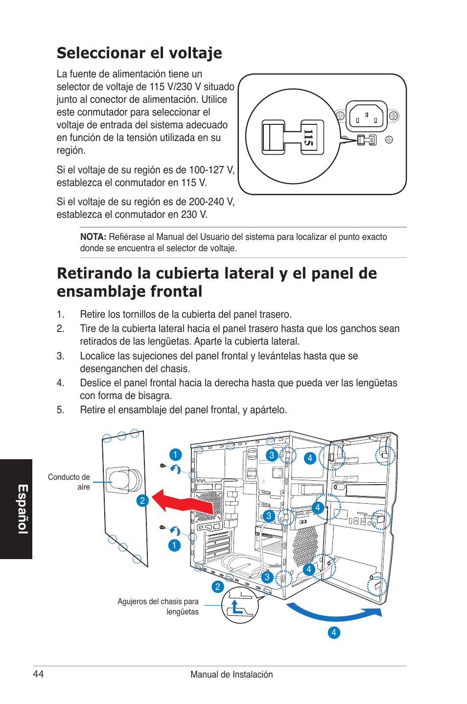 Seleccionar el voltaje, Español | Asus V4-P5P43 User Manual | Page 44 / 100