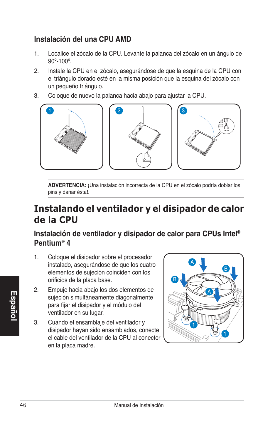 Español, Pentium, Instalación del una cpu amd | Asus V4-P5P43 User Manual | Page 46 / 100