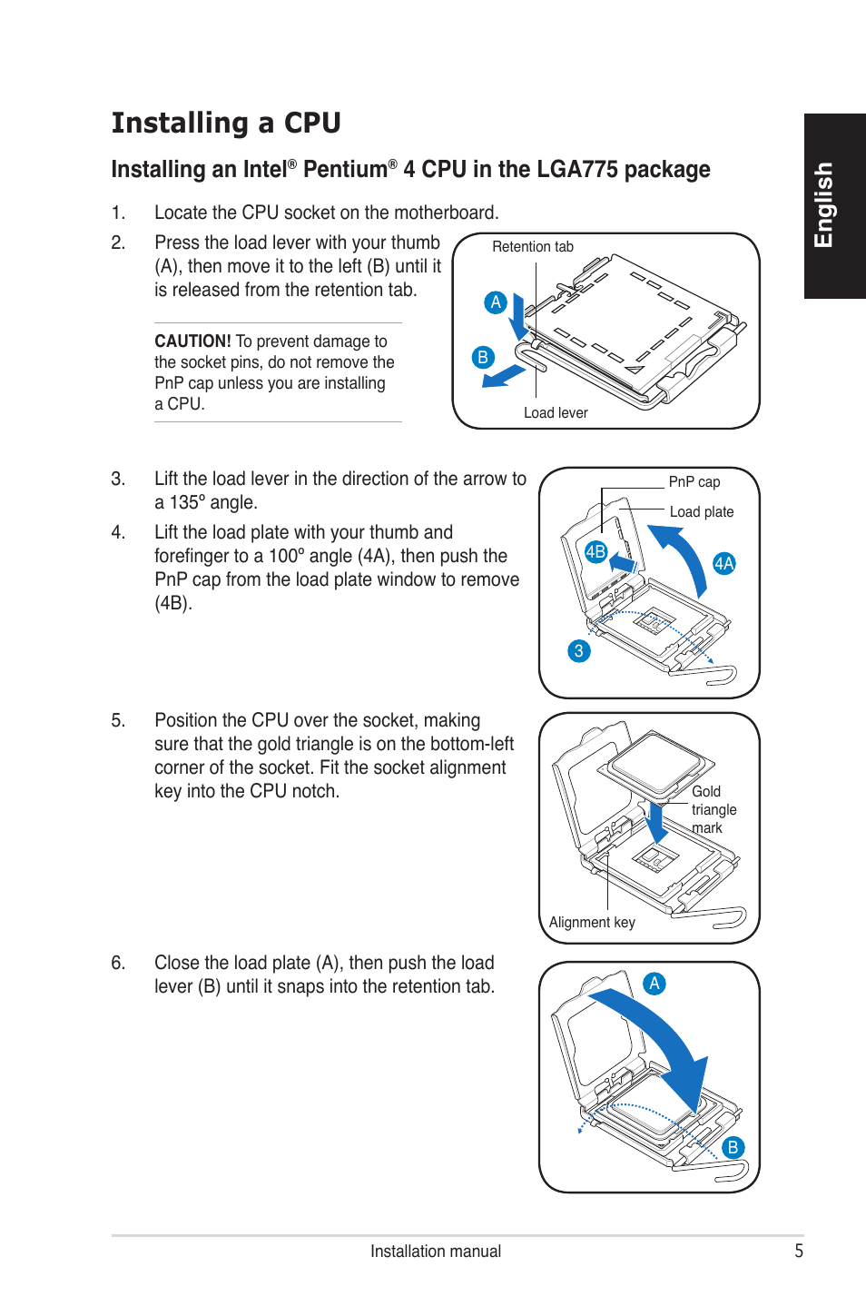 Installing a cpu, English, Installing an intel | Pentium, 4 cpu in the lga775 package | Asus V4-P5P43 User Manual | Page 5 / 100