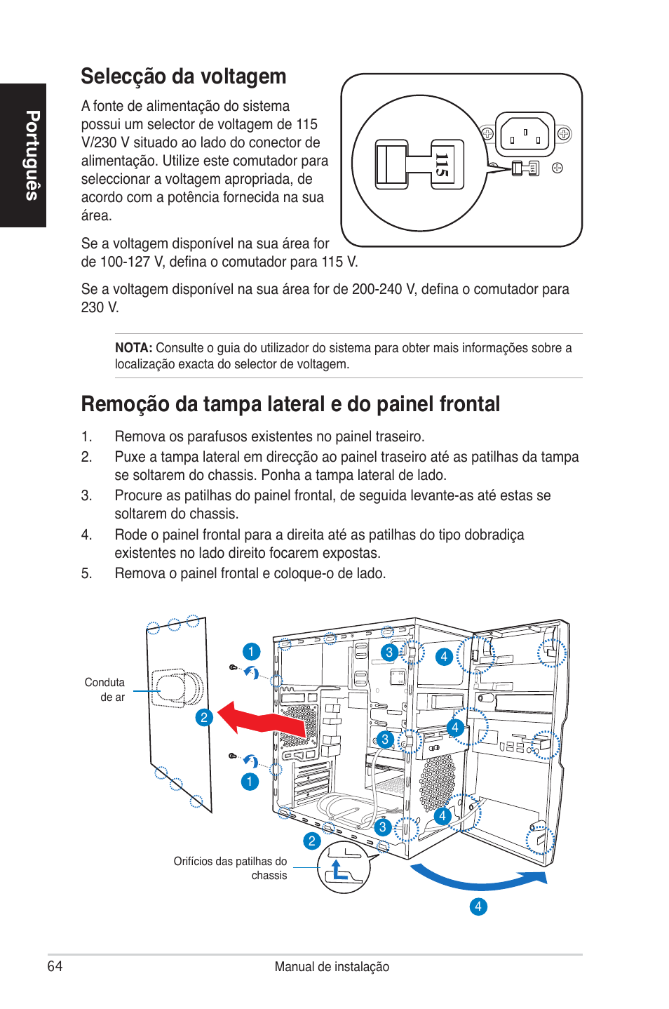 Selecção da voltagem, Remoção da tampa lateral e do painel frontal, Português | Asus V4-P5P43 User Manual | Page 64 / 100