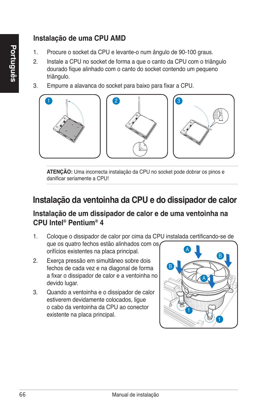 Português, Pentium, Instalação de uma cpu amd | Asus V4-P5P43 User Manual | Page 66 / 100