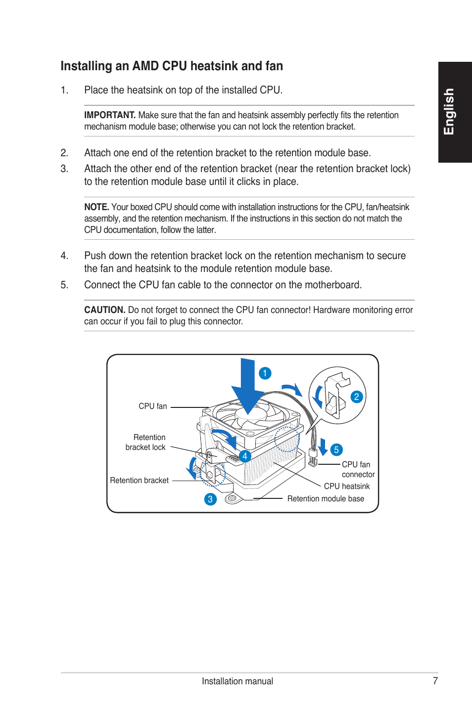 English installing an amd cpu heatsink and fan | Asus V4-P5P43 User Manual | Page 7 / 100