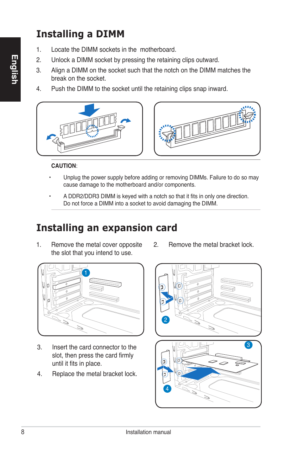 Installing an expansion card, Installing a dimm, English | Asus V4-P5P43 User Manual | Page 8 / 100