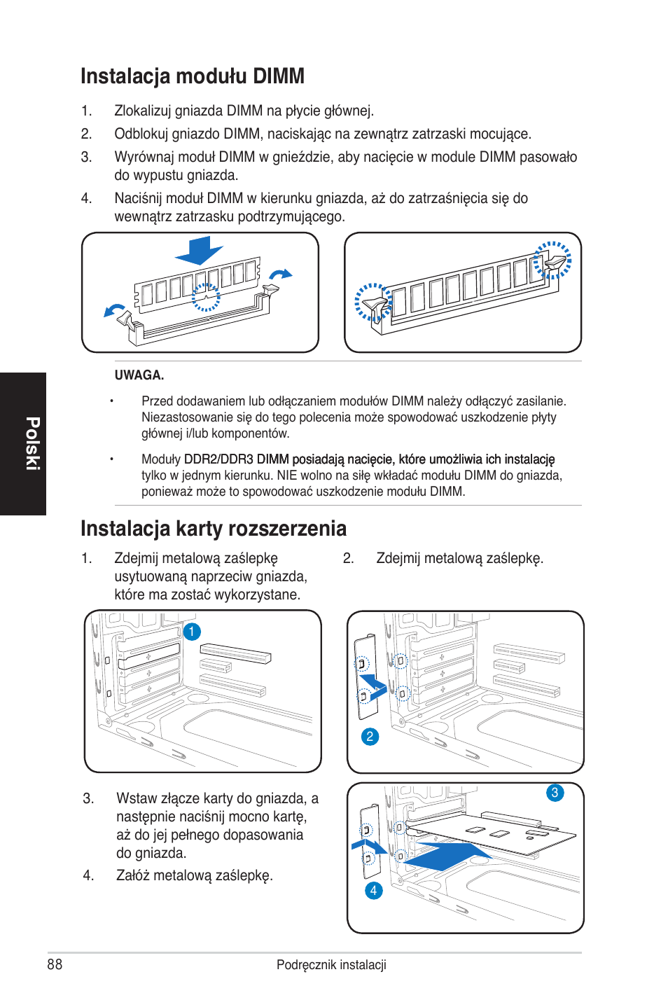 Instalacja karty rozszerzenia, Instalacja modułu dimm, Polski | Asus V4-P5P43 User Manual | Page 88 / 100