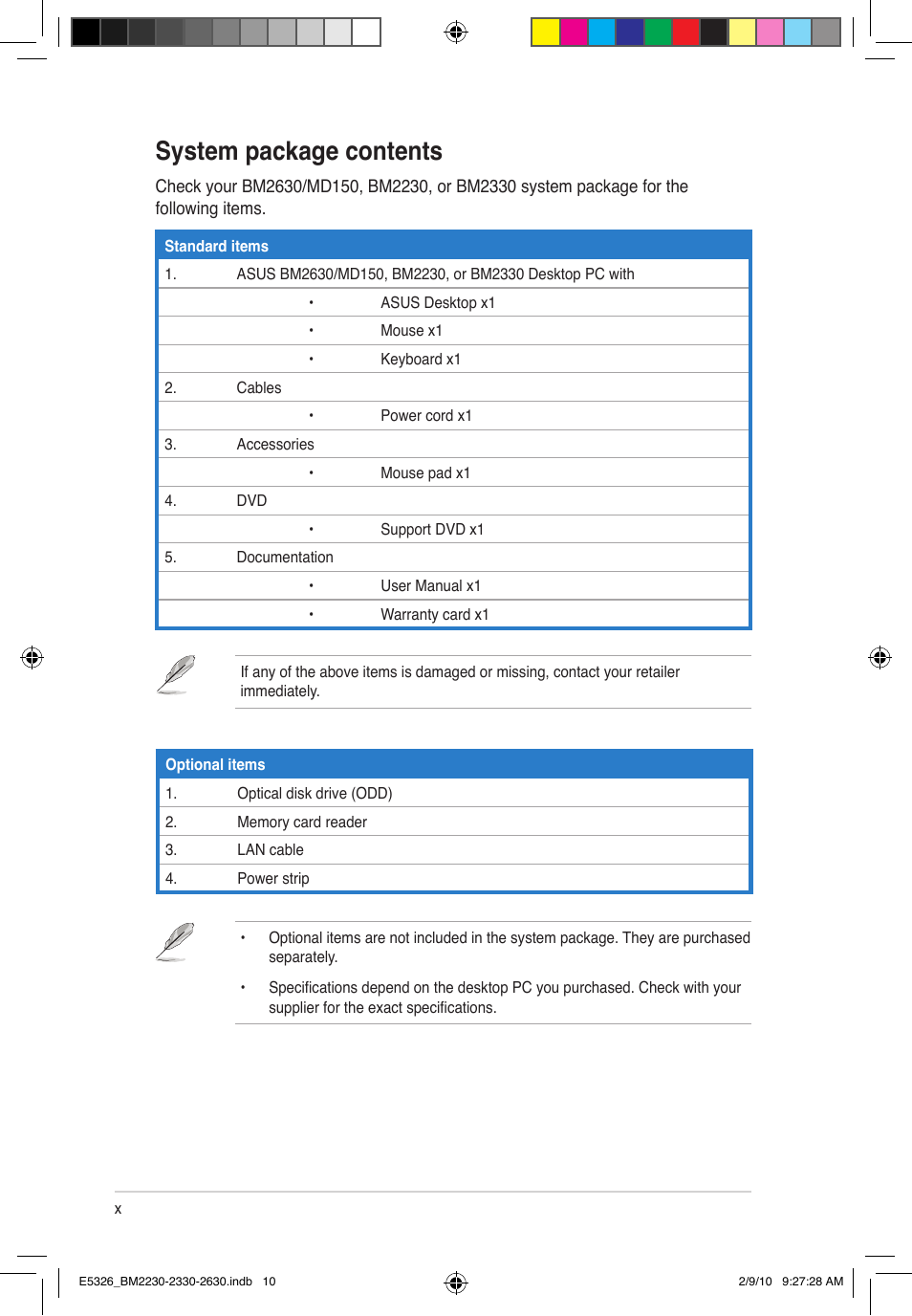 System package contents | Asus BM2230 User Manual | Page 10 / 32