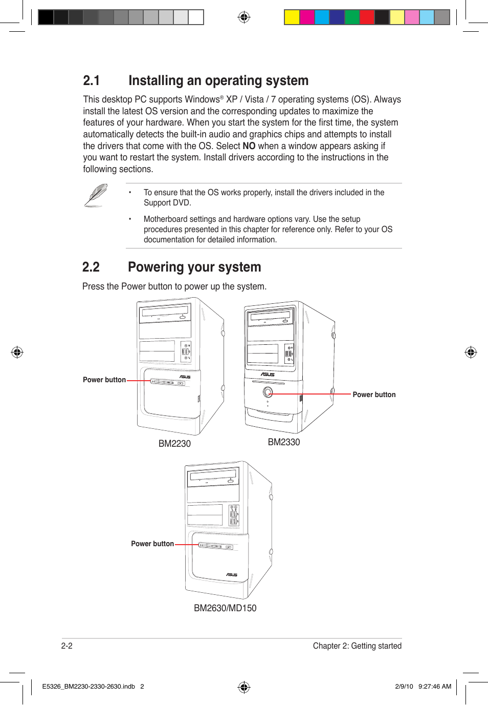 1 installing an operating system, 2 powering your system | Asus BM2230 User Manual | Page 16 / 32