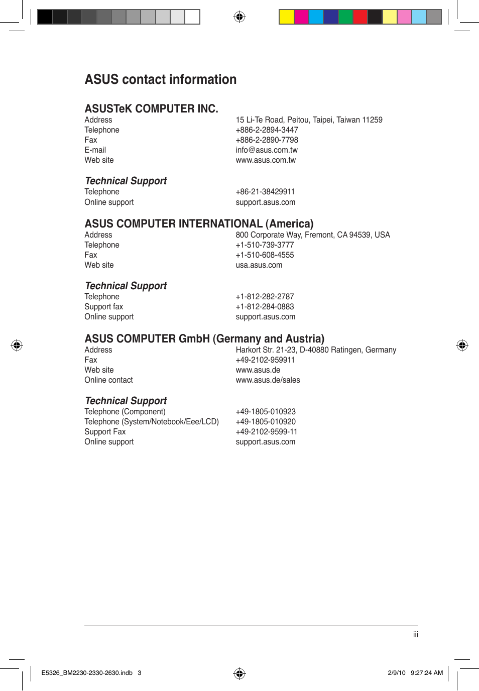 Asus contact information, Asustek computer inc, Asus computer international (america) | Asus computer gmbh (germany and austria), Technical support | Asus BM2230 User Manual | Page 3 / 32