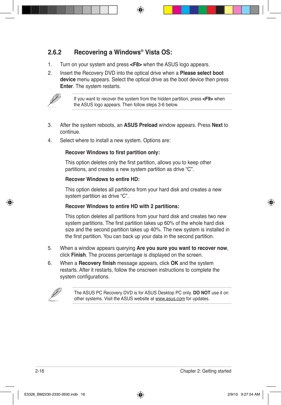 2 recovering a windows, Vista os | Asus BM2230 User Manual | Page 30 / 32