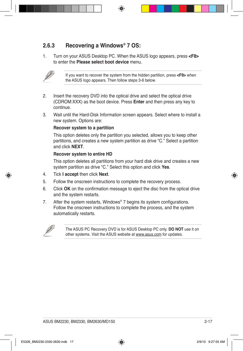 3 recovering a windows, 7 os | Asus BM2230 User Manual | Page 31 / 32