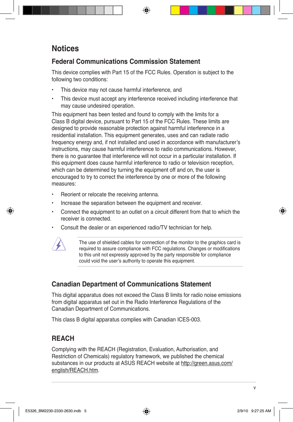 Notices, Federal communications commission statement, Canadian department of communications statement | Reach | Asus BM2230 User Manual | Page 5 / 32