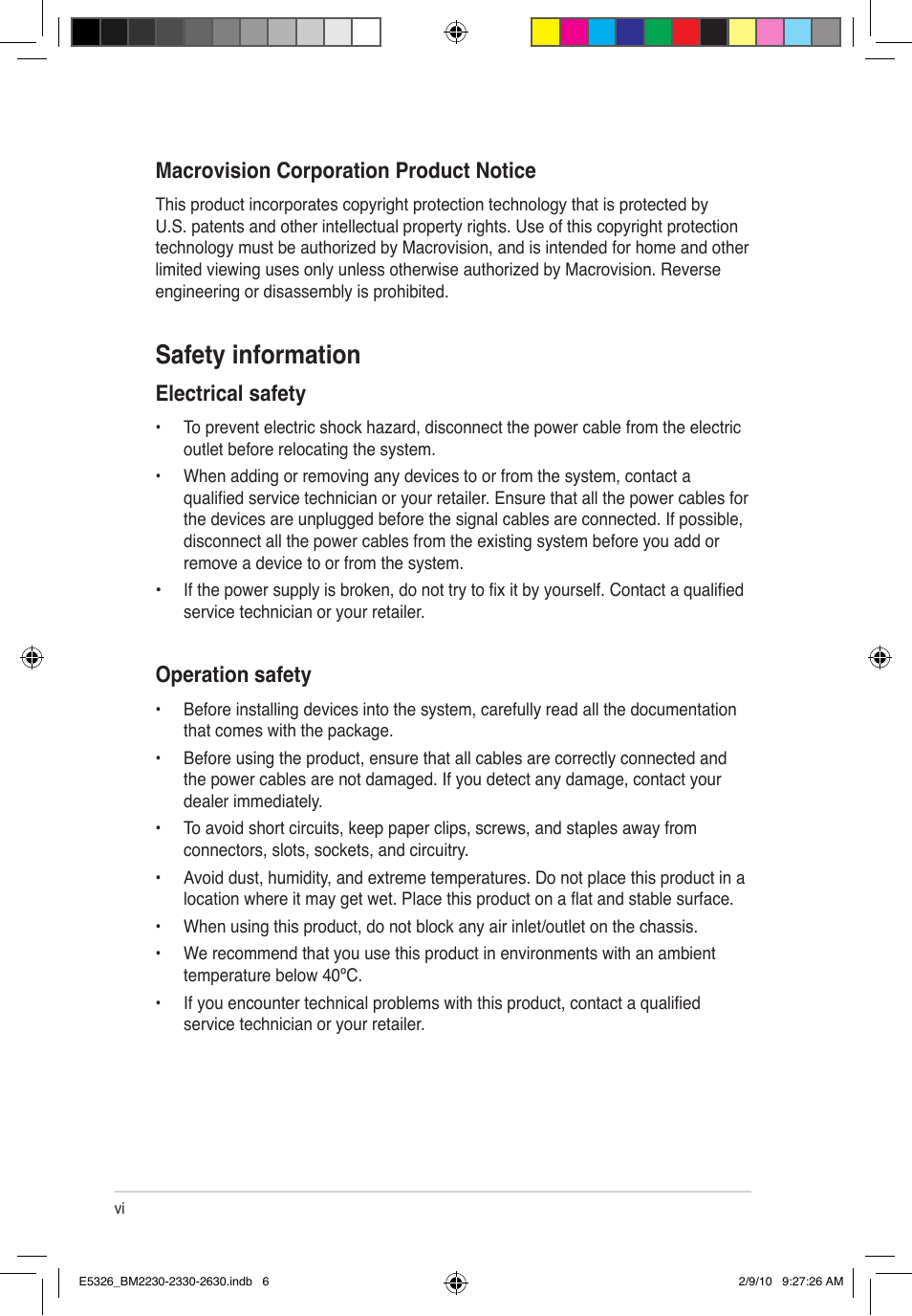 Safety information, Electrical safety, Operation safety | Macrovision corporation product notice | Asus BM2230 User Manual | Page 6 / 32