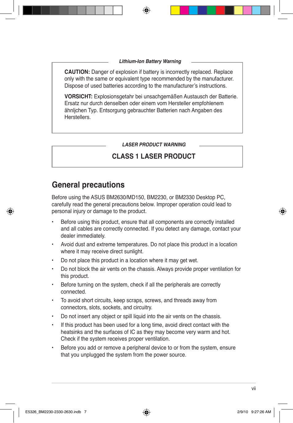 General precautions, Class 1 laser product | Asus BM2230 User Manual | Page 7 / 32