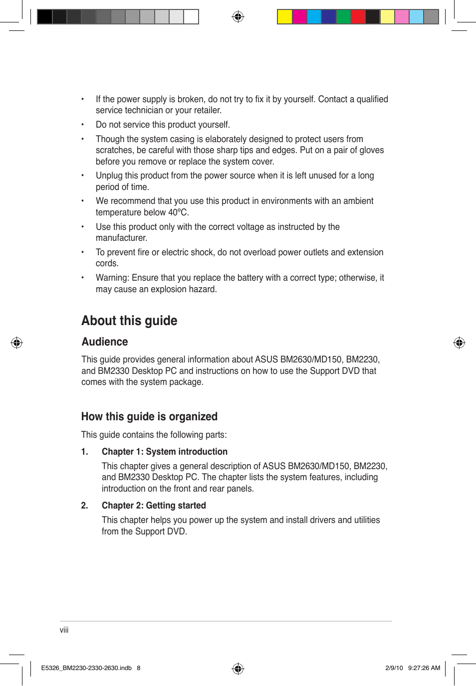 About this guide, How this guide is organized, Audience | Asus BM2230 User Manual | Page 8 / 32