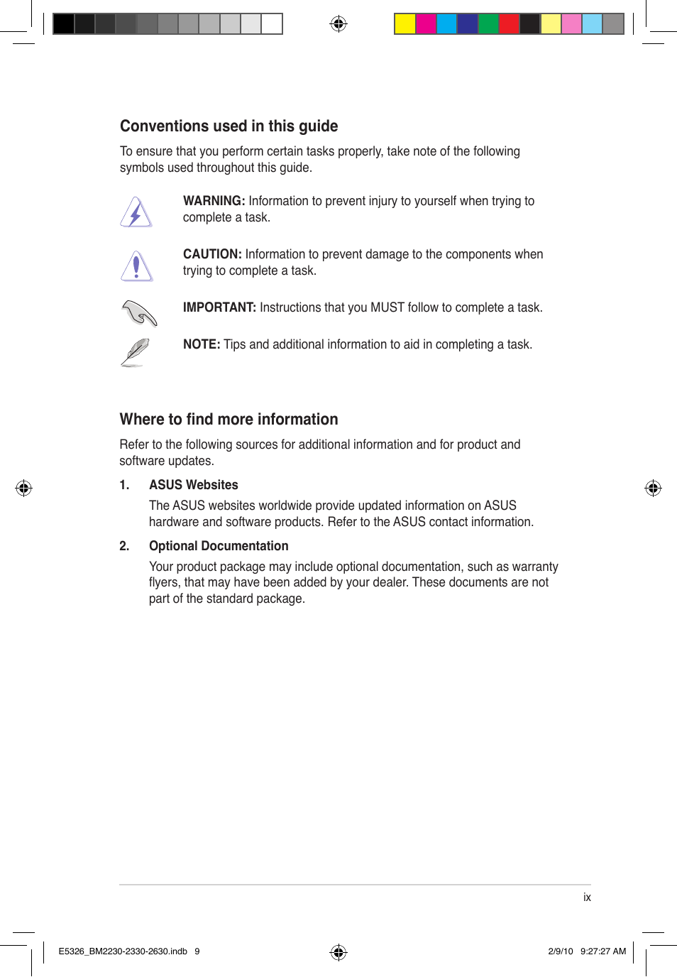 Conventions used in this guide, Where to find more information | Asus BM2230 User Manual | Page 9 / 32