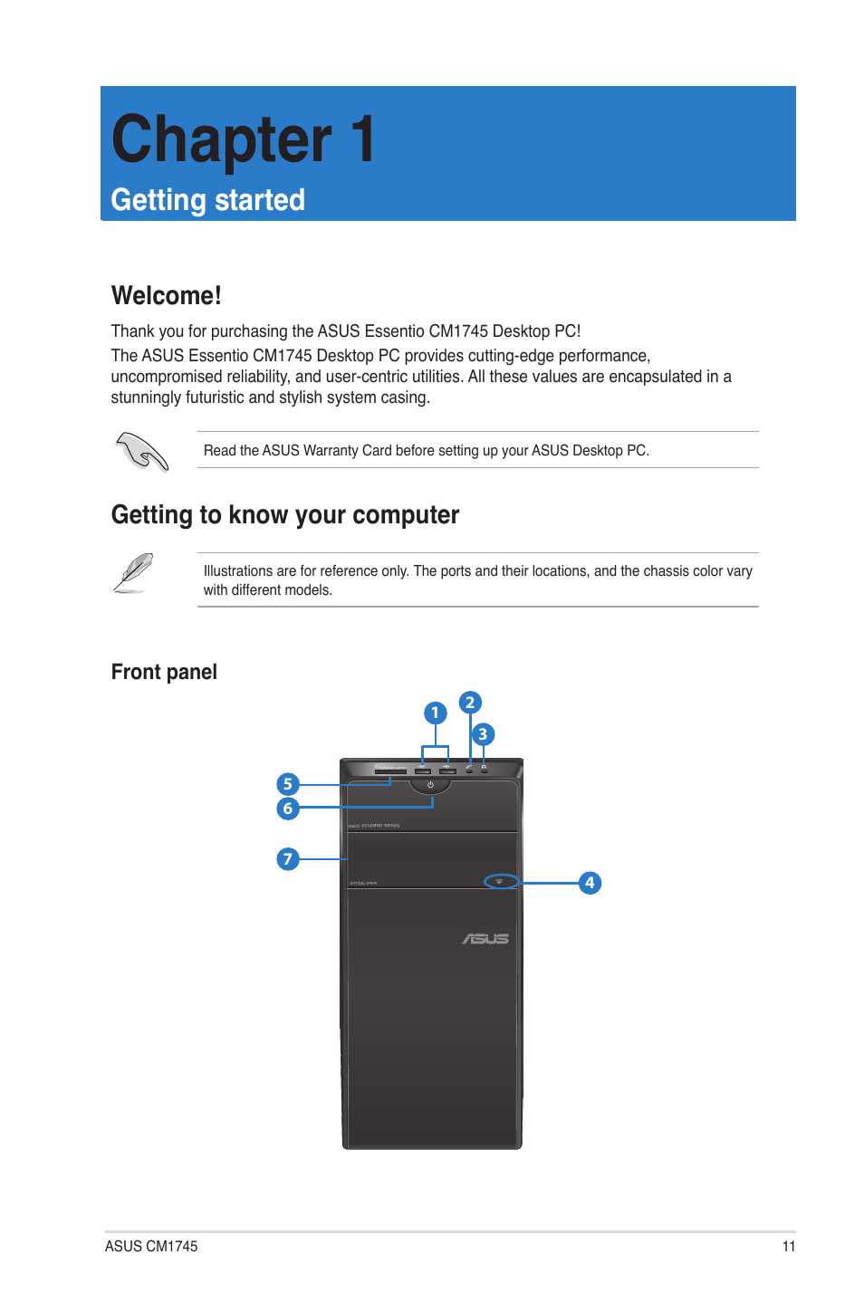 Chapter 1, Getting started, Welcome | Getting to know your computer, Welcome! getting to know your computer | Asus CM1745 User Manual | Page 11 / 66