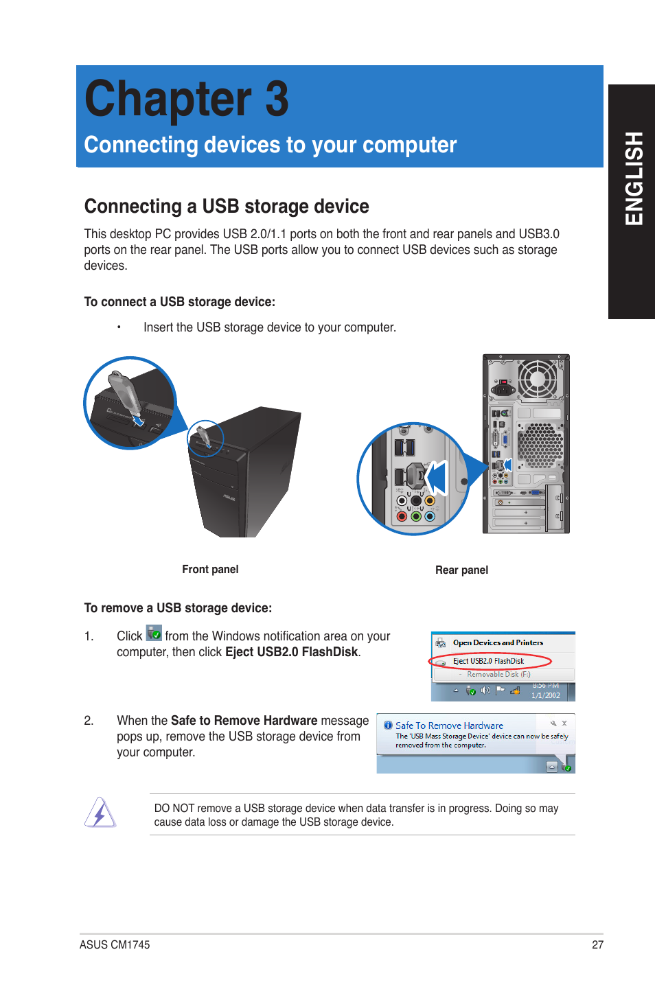 Chapter 3, Connecting devices to your computer, Connecting a usb storage device | En g lis h en g li sh | Asus CM1745 User Manual | Page 27 / 66