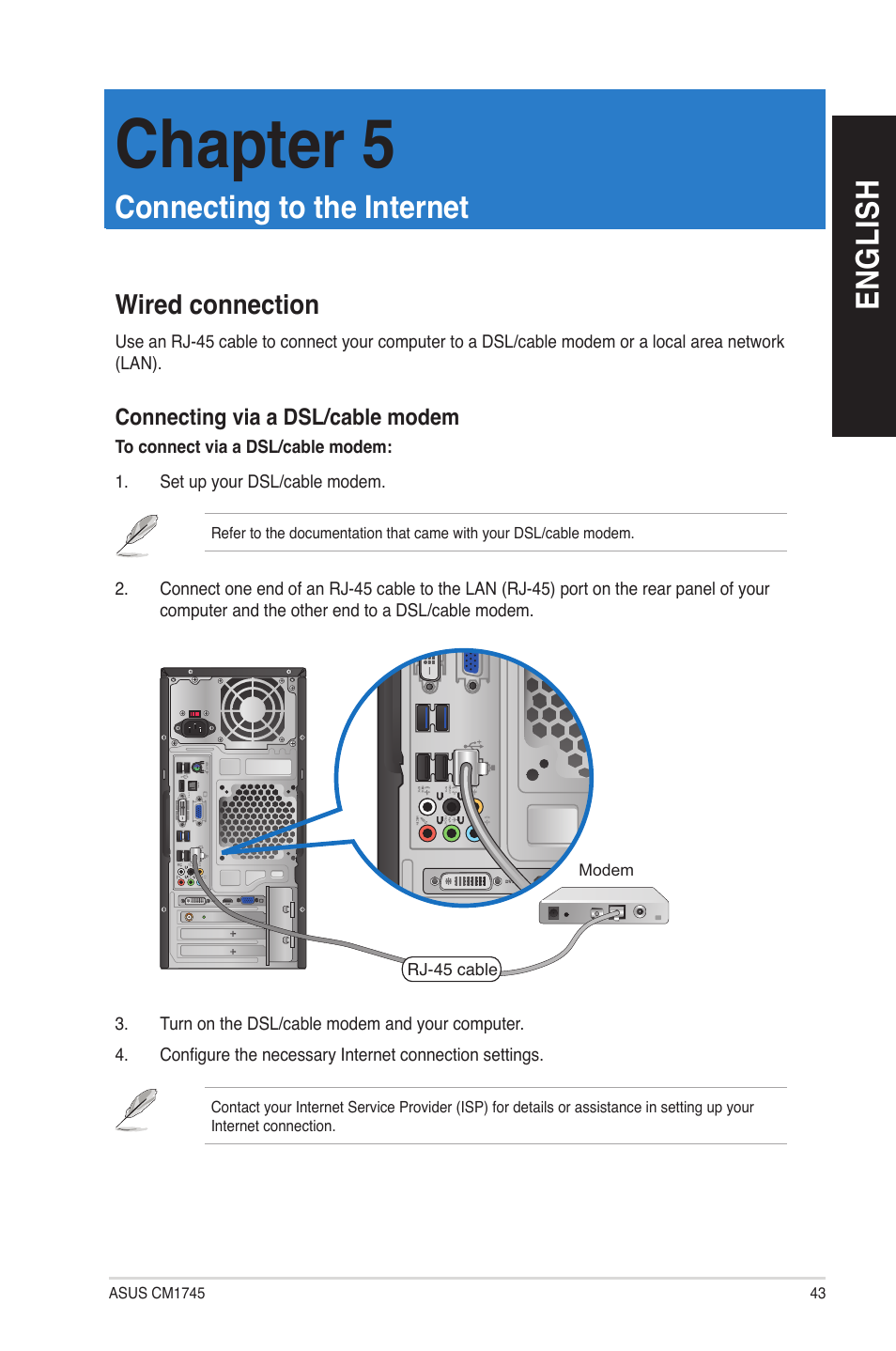 Chapter 5, Connecting to the internet, Wired connection | En g lis h en g li sh | Asus CM1745 User Manual | Page 43 / 66