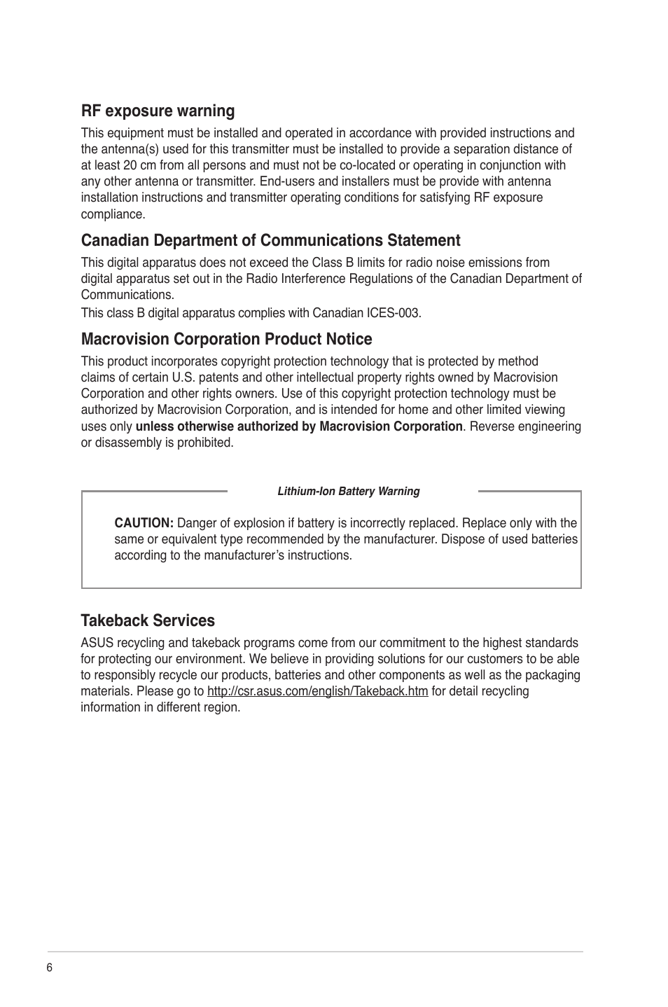 Rf exposure warning, Canadian department of communications statement, Macrovision corporation product notice | Takeback services | Asus CM1745 User Manual | Page 6 / 66