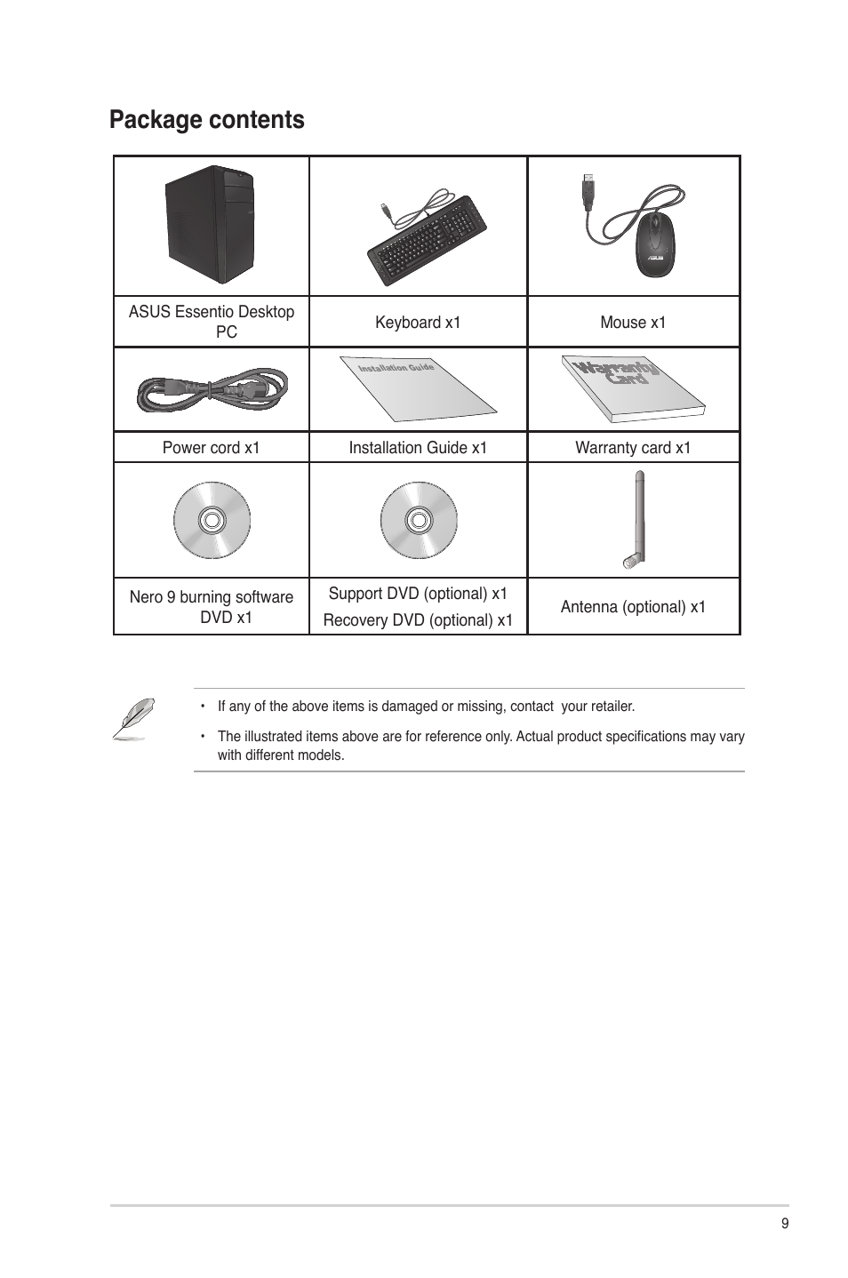 Package contents | Asus CM1745 User Manual | Page 9 / 66