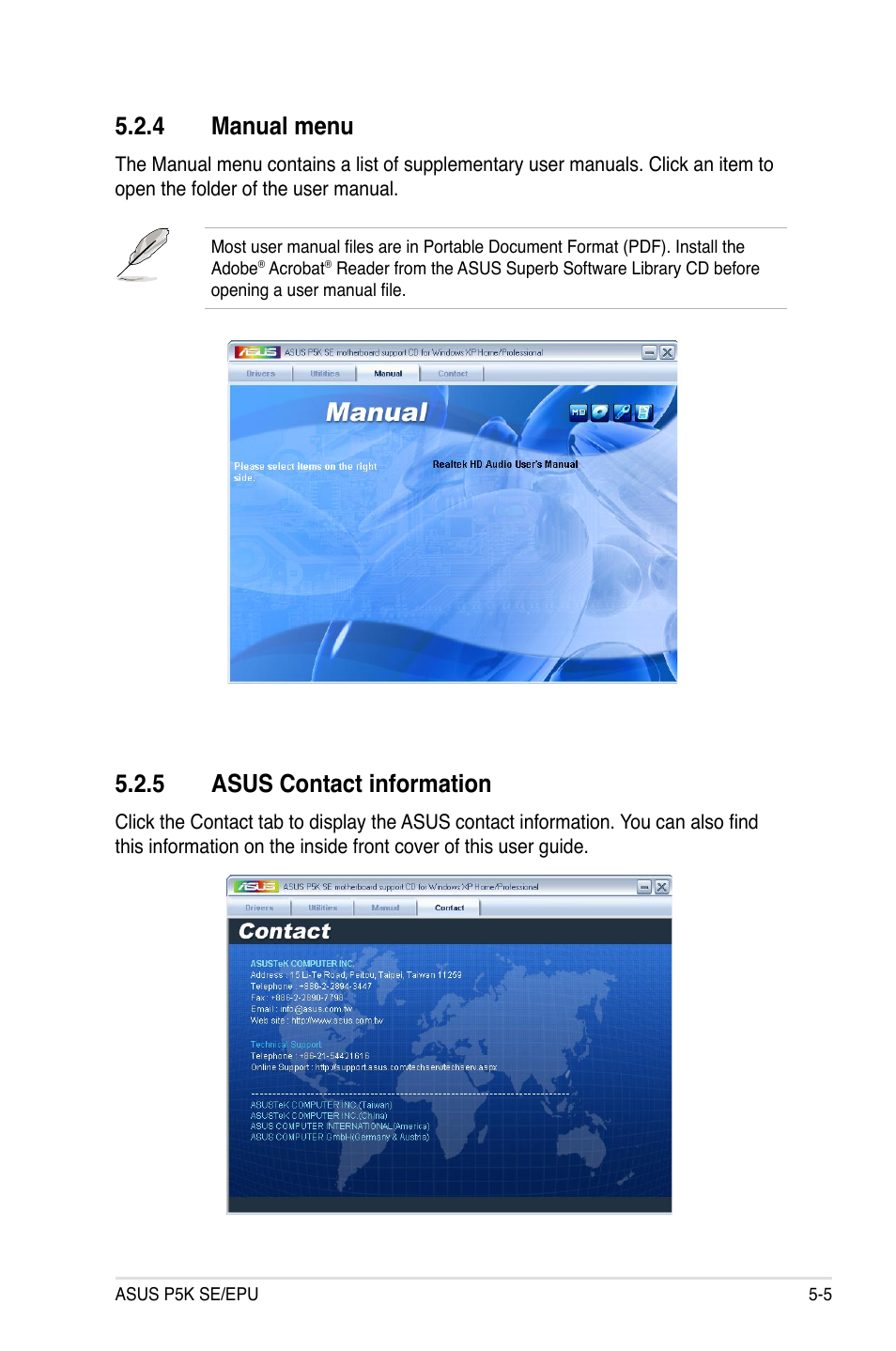 4 manual menu, 5 asus contact information, Manual menu -5 | Asus contact information -5 | Asus P5K SE/EPU User Manual | Page 107 / 134