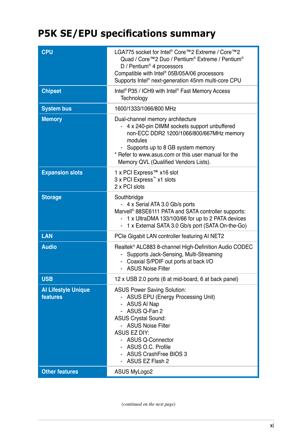 P5k se/epu specifications summary | Asus P5K SE/EPU User Manual | Page 11 / 134