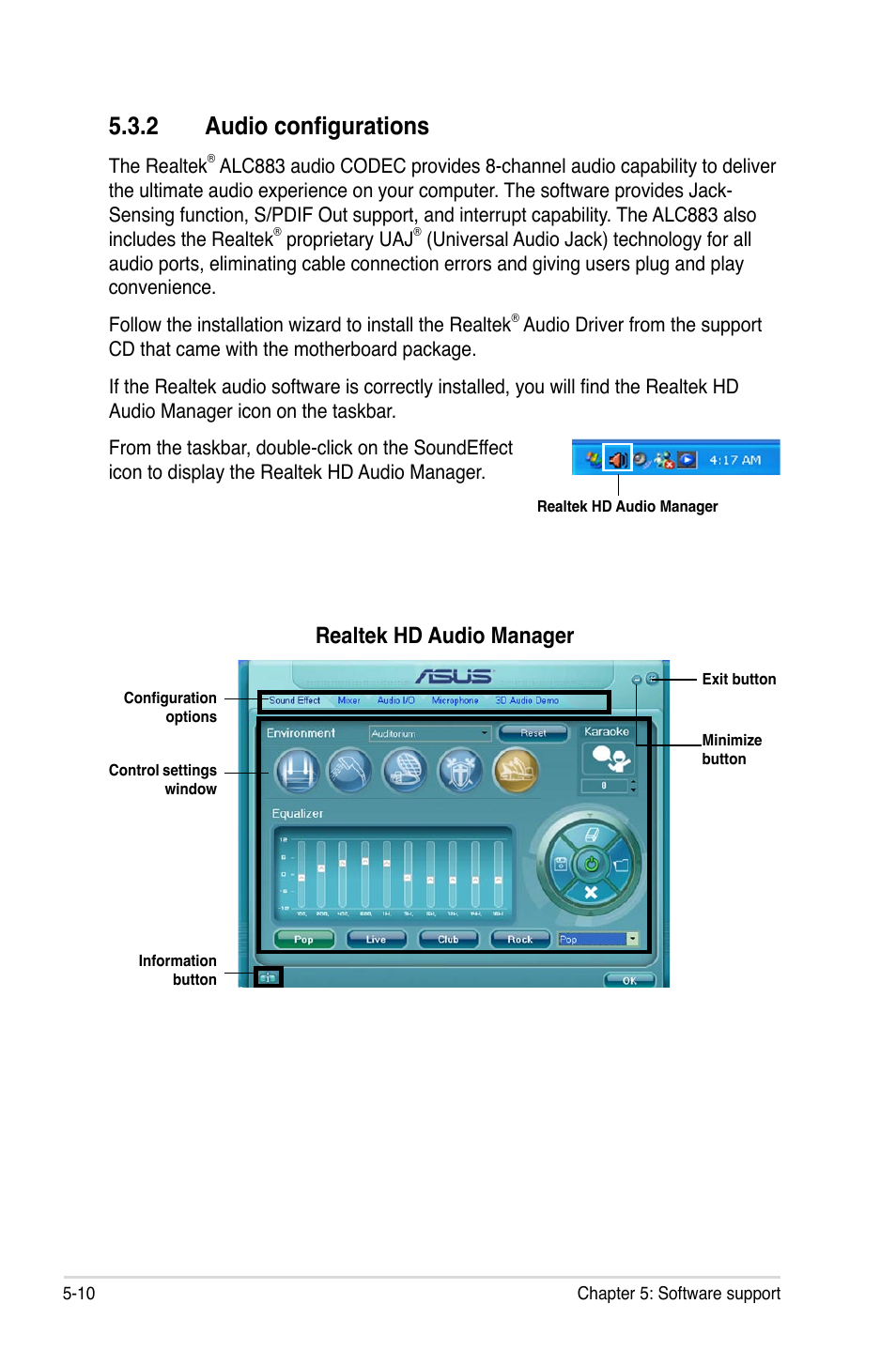 2 audio configurations, Audio configurations -10, Realtek hd audio manager | Asus P5K SE/EPU User Manual | Page 112 / 134