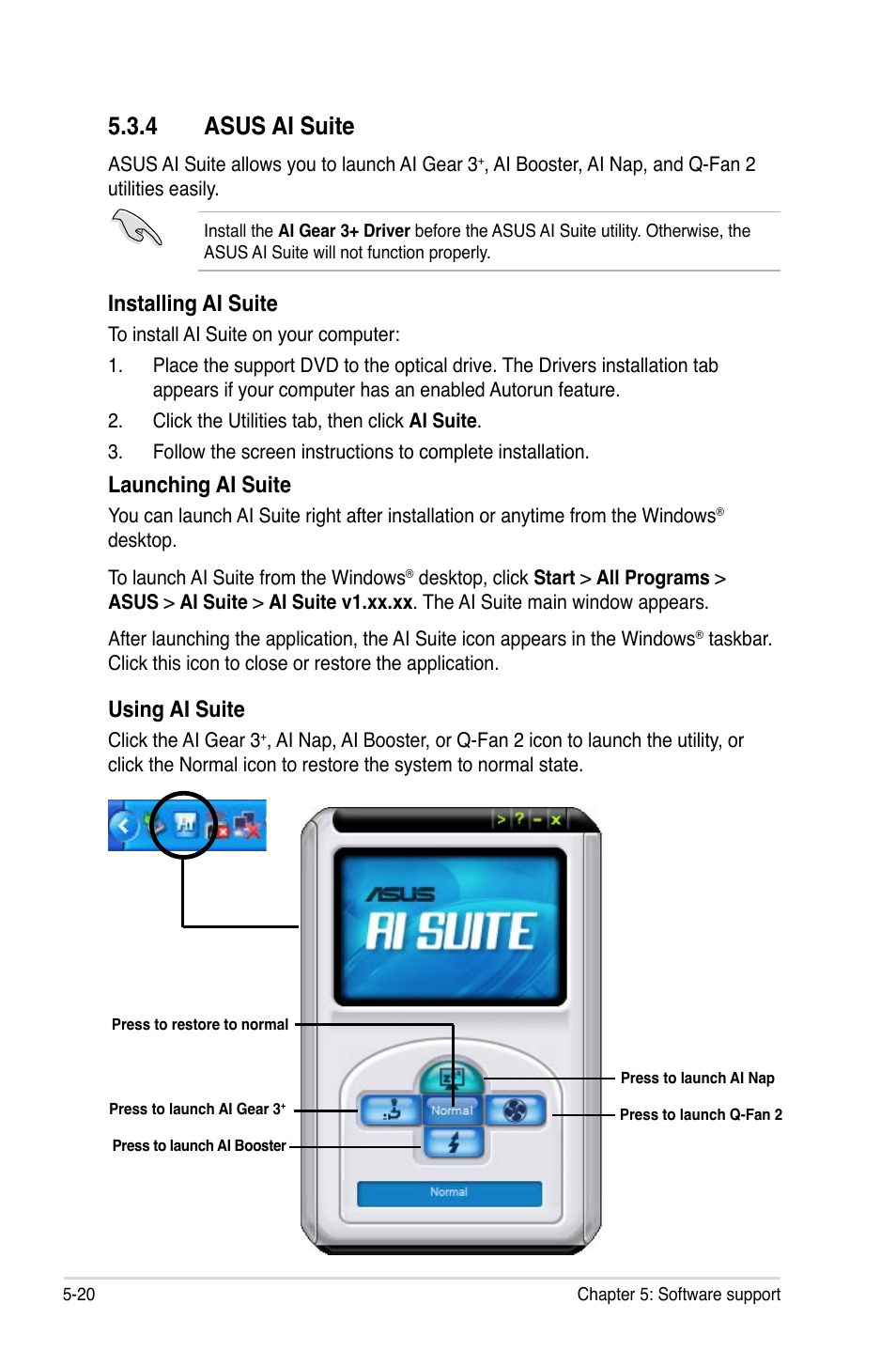 4 asus ai suite, 4 asus ai suite -20, Installing ai suite | Launching ai suite, Using ai suite | Asus P5K SE/EPU User Manual | Page 122 / 134