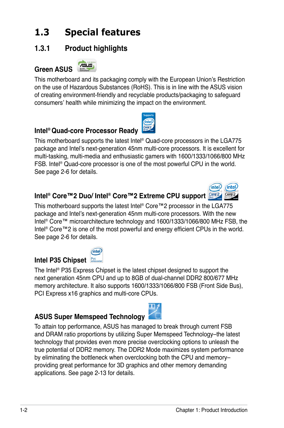 3 special features, 1 product highlights, Special features -2 1.3.1 | Product highlights -2, Green asus, Intel, Quad-core processor ready, Core™2 duo/ intel, Core™2 extreme cpu support, Intel p35 chipset | Asus P5K SE/EPU User Manual | Page 16 / 134