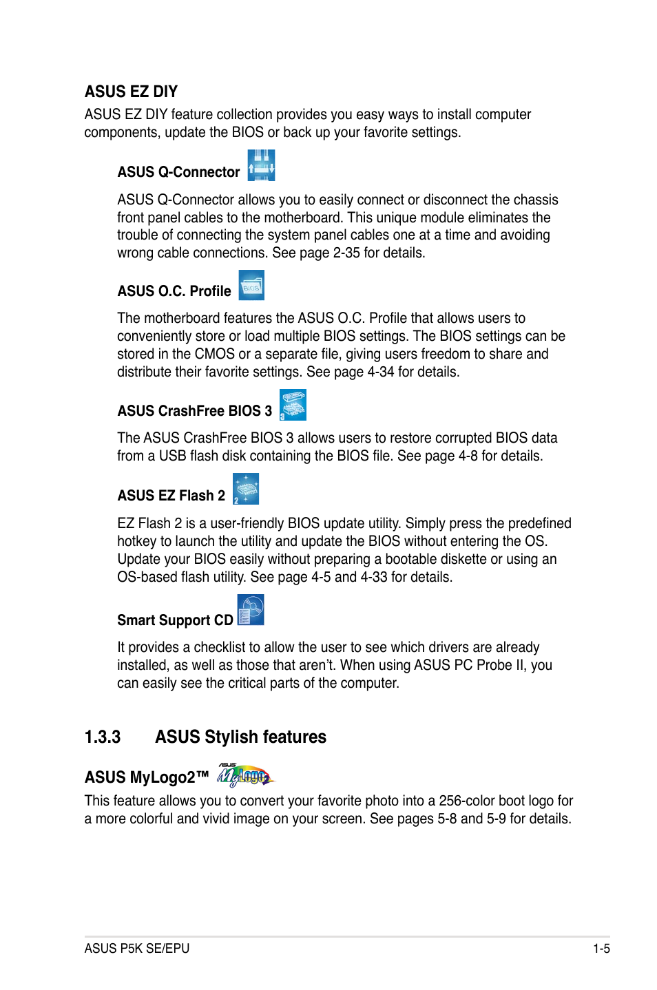 3 asus stylish features, Asus stylish features -5 | Asus P5K SE/EPU User Manual | Page 19 / 134