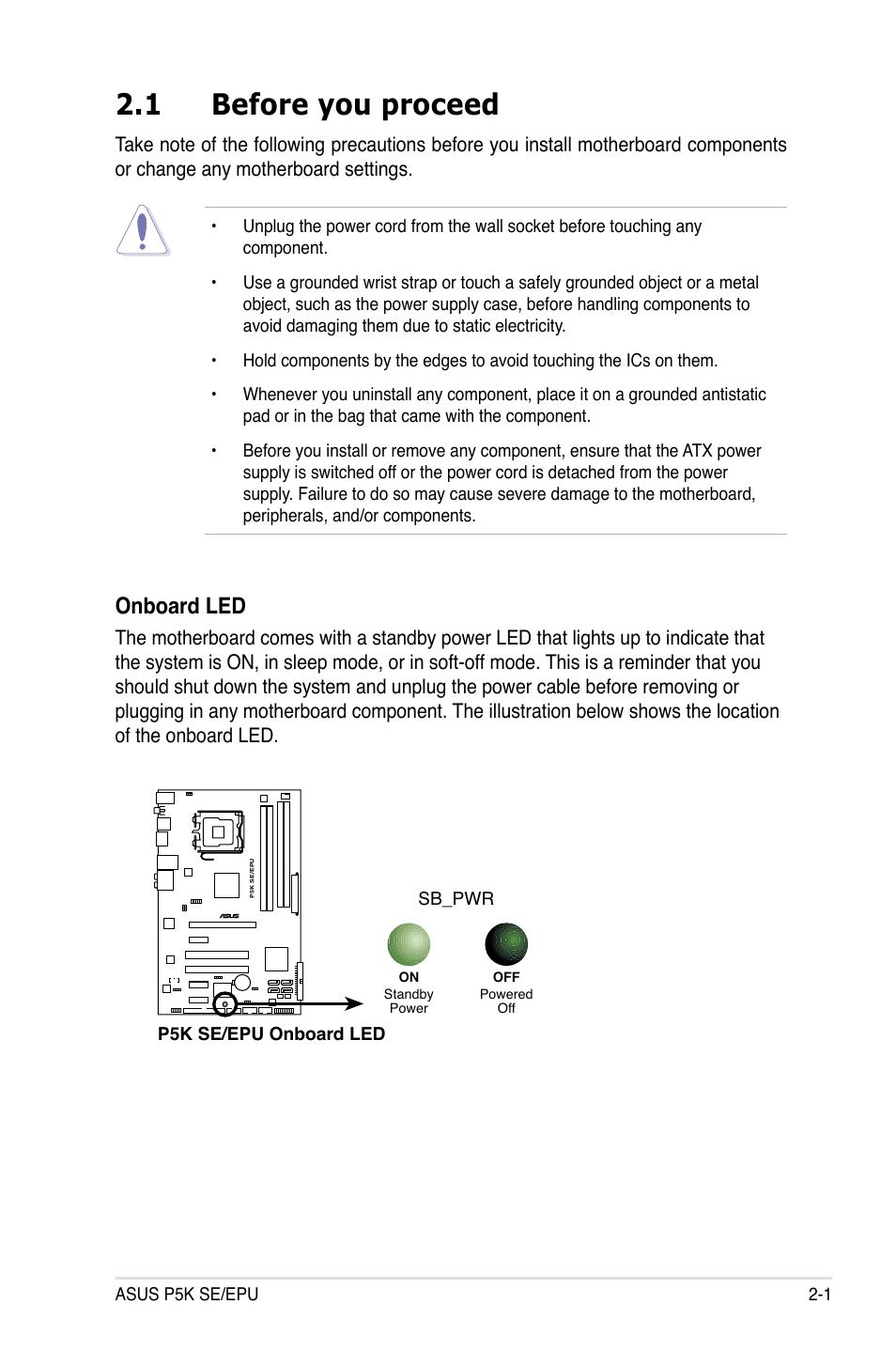 1 before you proceed, Before you proceed -1, Onboard led | Asus P5K SE/EPU User Manual | Page 23 / 134