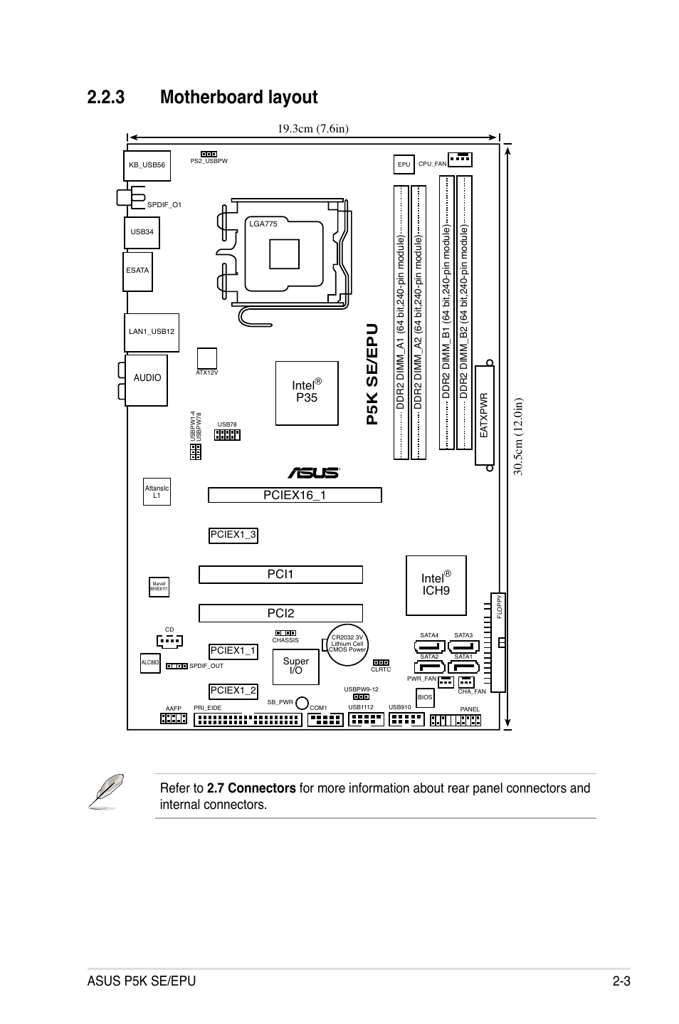 3 motherboard layout, Motherboard layout -3, P5k se/epu | Asus p5k se/epu 2-3, Intel, Ich9, P35 pci1, Pciex16_1 pci2 | Asus P5K SE/EPU User Manual | Page 25 / 134