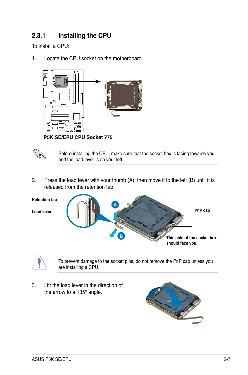 1 installing the cpu, Installing the cpu -7 | Asus P5K SE/EPU User Manual | Page 29 / 134