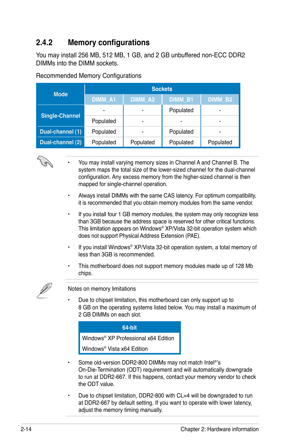 2 memory configurations, Memory configurations -14 | Asus P5K SE/EPU User Manual | Page 36 / 134