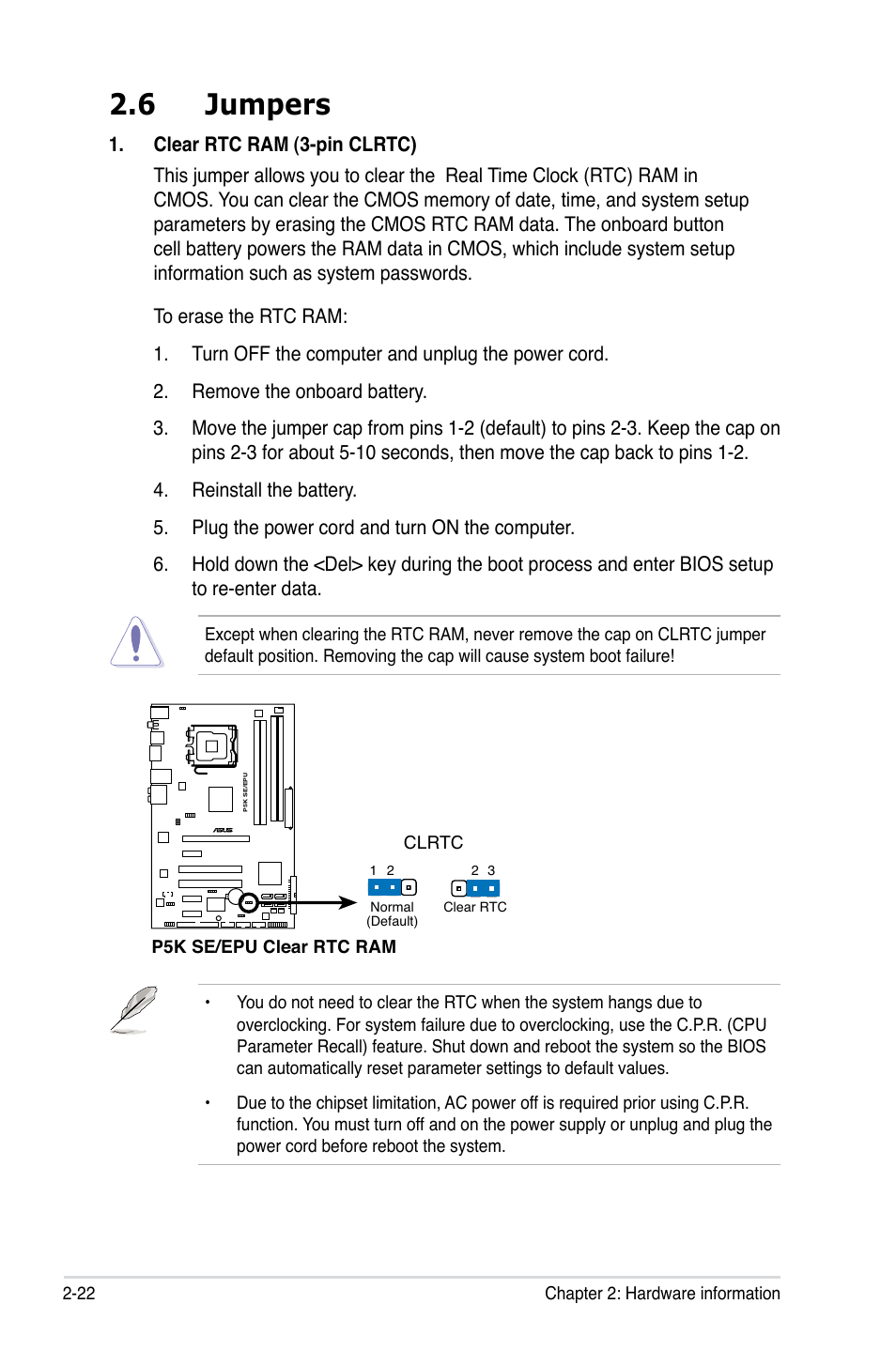 6 jumpers, Jumpers -22 | Asus P5K SE/EPU User Manual | Page 44 / 134