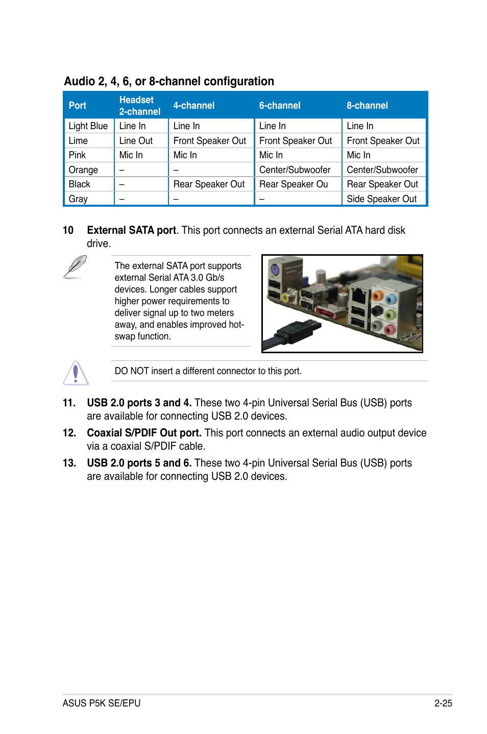 Audio 2, 4, 6, or 8-channel configuration | Asus P5K SE/EPU User Manual | Page 47 / 134