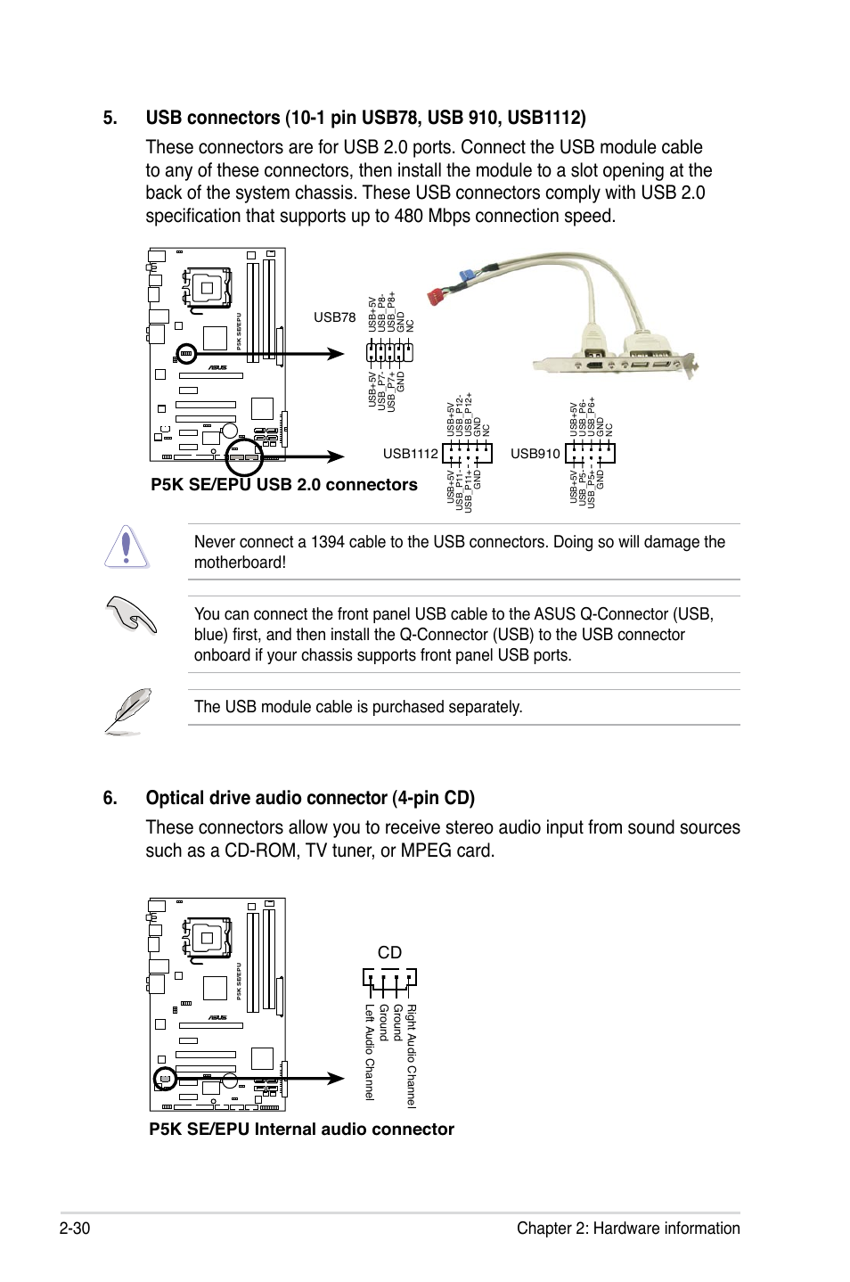 30 chapter 2: hardware information, P5k se/epu usb 2.0 connectors, P5k se/epu internal audio connector cd | Asus P5K SE/EPU User Manual | Page 52 / 134