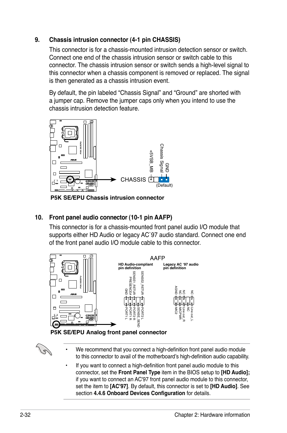 32 chapter 2: hardware information, P5k se/epu chassis intrusion connector chassis, P5k se/epu analog front panel connector aafp | Asus P5K SE/EPU User Manual | Page 54 / 134