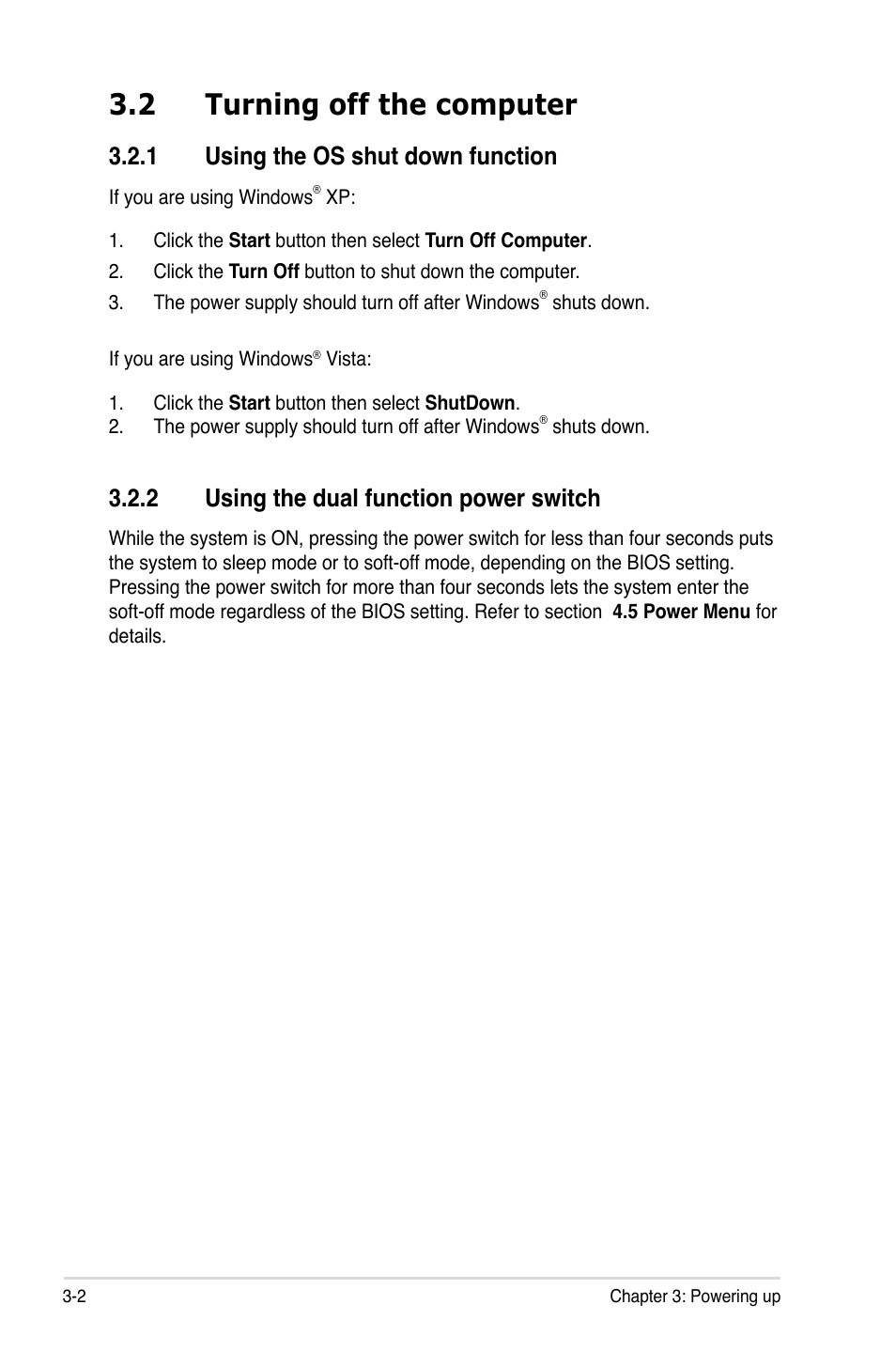 2 turning off the computer, 1 using the os shut down function, 2 using the dual function power switch | Turning off the computer -2 3.2.1, Using the os shut down function -2, Using the dual function power switch -2 | Asus P5K SE/EPU User Manual | Page 62 / 134